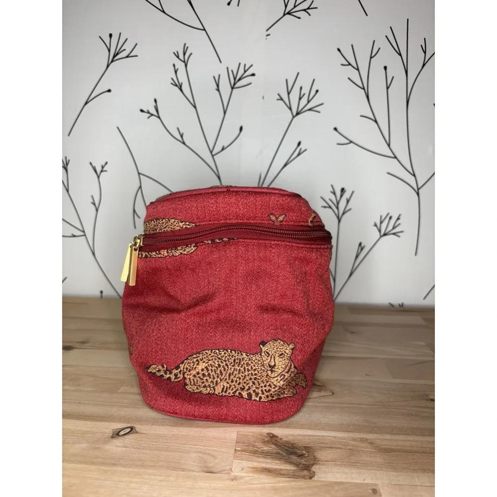 VTG Red Cheetah Print Fabric Makeup Bag & Case Set with Zipper and Handle